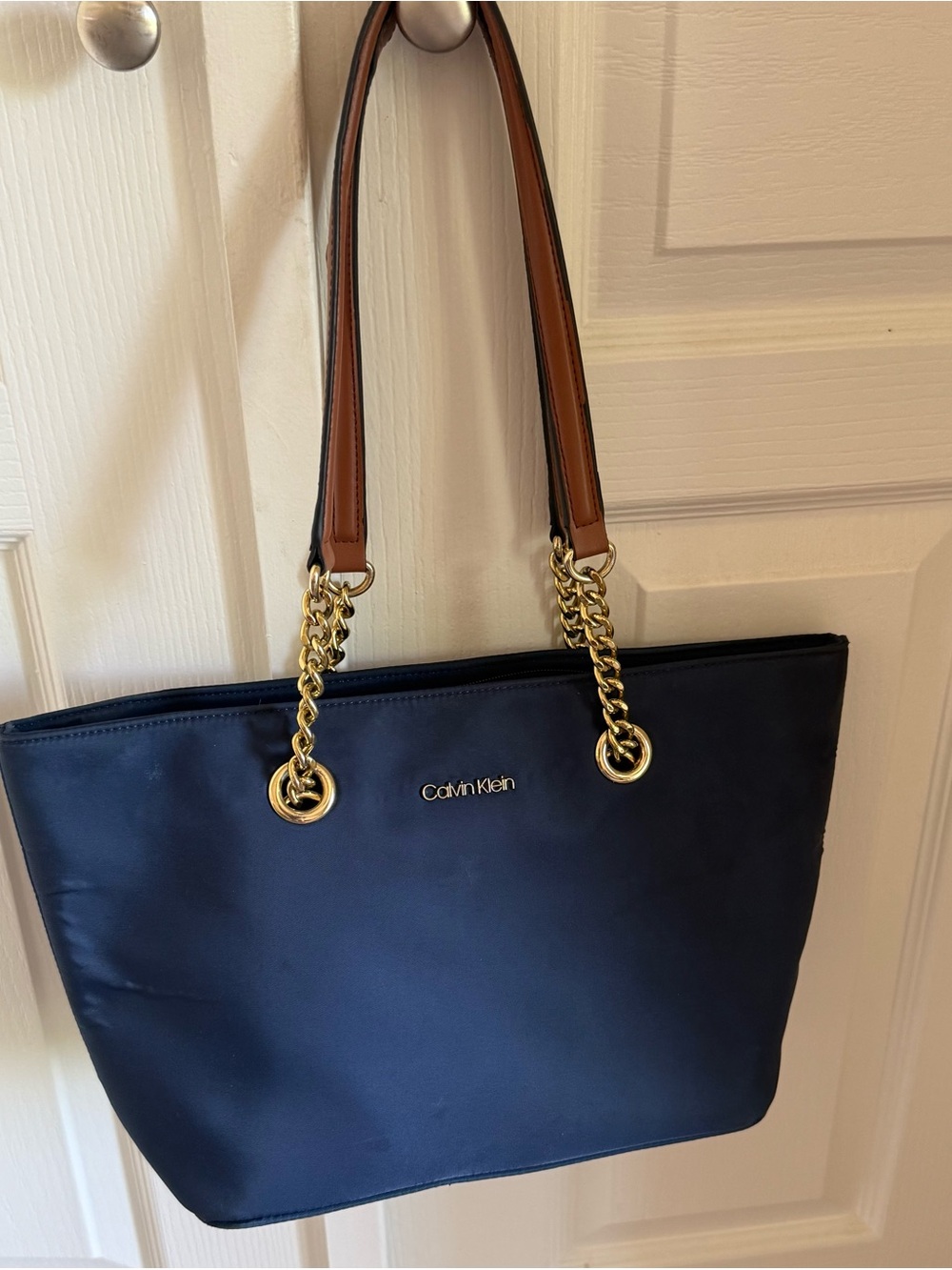 Calvin Klein Navy Tote with Brown Handles and Gold Hardware - Picture 3 of 10